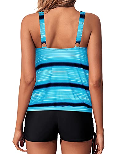 Flattering Two Piece Tankini Swimsuits Boyshorts For Women-Blue And Black Stripe