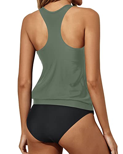 Blouson Two Piece Tankini Swimsuits Women Tummy Control Bathing Suits-Olive Green