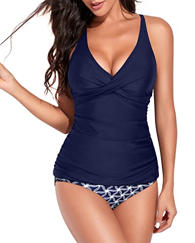 Cirss Cross Back Tankini Swimsuits For Women Tummy Control Bathing Suits-Navy Blue Tribal
