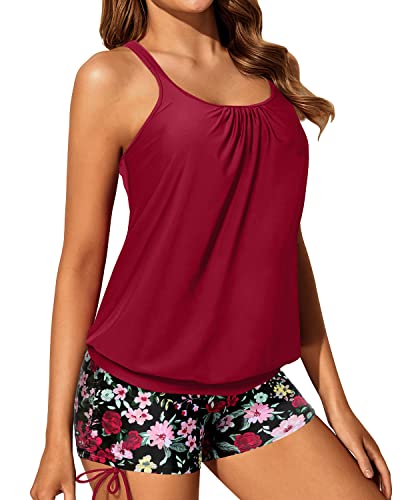 Slimming Tummy Control Blouson Tankini Two Piece Swimsuit Shorts-Red Floral