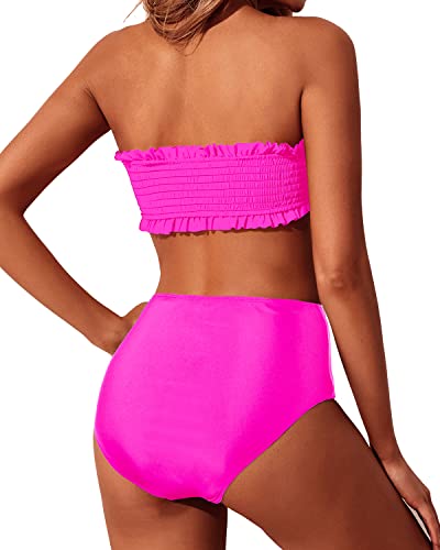 High Cut Womens Two Piece Off Shoulder Ruffle Bathing Suit-Neon Pink