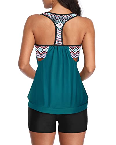 Athletic Two Piece Tankini Suits High Waisted Board Shorts For Women-Teal