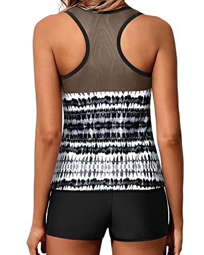 Modest Two Piece Bathing Suit See-Through Mesh Top For Women-Black And White Tribal