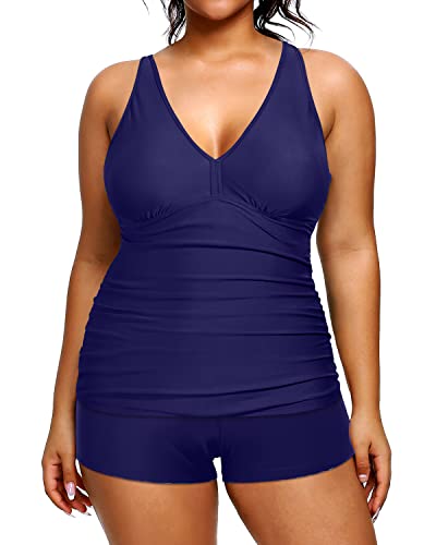 Athletic Women's Plus Size Swimsuits Ruched Tummy Control Two Piece Sets-Navy Blue