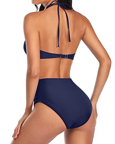 Removable Padded Bra Two-Piece High Waisted Bathing Suit-Navy Blue