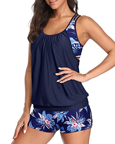 Racerback Bathing Suit Top Boyshorts For Women-Blue Floral