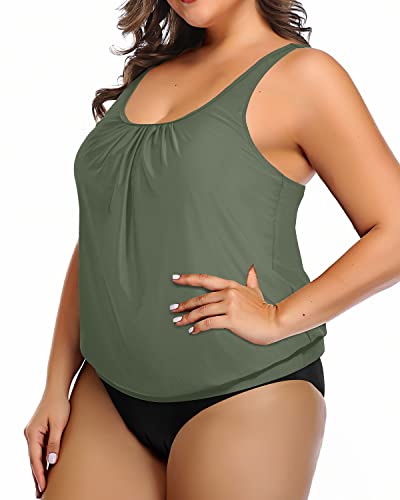 Plus Size Two Piece Tummy Control Blouson Swimsuit For Women-Olive Green