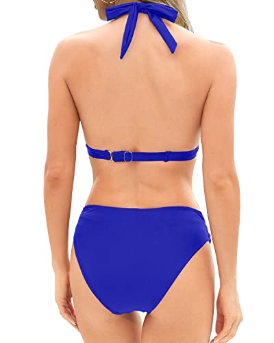 Push Up Vintage Swimwear Two Piece Bikini Set Halter Swimsuit Women-Royal Blue