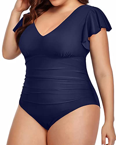 V-Neck Ruffle Bathing Suits Plus Size Tummy Control Swimsuits-Navy Blue