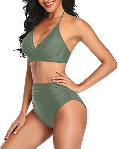 Sexy Twist Front Bikini Halter Top & Tummy Control Swimsuits Two Piece-Olive Green