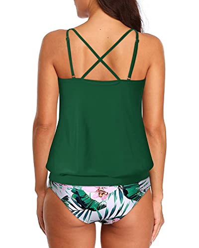 Athletic Two Piece Blouson Tankini Swimsuits For Women-Green Tropical Floral
