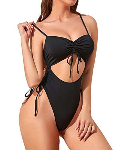 Side-Tie & Front-Tie High Cut Out Swimsuit For Women-Black