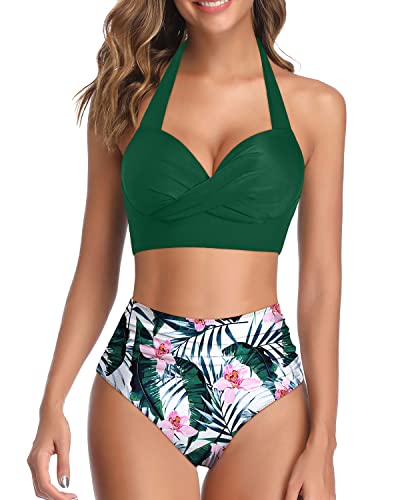 Push Up Ruched High Waisted Bikini Swimsuit Vintage Halter Twist Front Swimwear-Green Tropical Floral