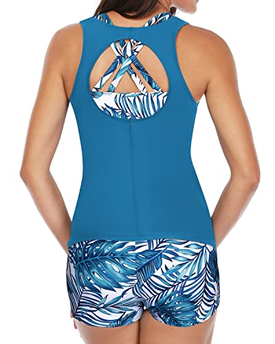 Fashionable Sporty Tankini Swimsuits Boy Shorts-Blue Leaf