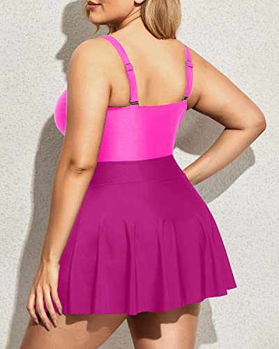 V Neck Tie Front Plus Size One Piece Swimwear Swimsuit Dress-Phosphor And Dark Pink