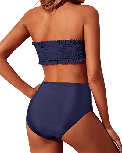 Women's Bandeau Bikini Set Two Piece Smocked Swimsuits-Navy Blue