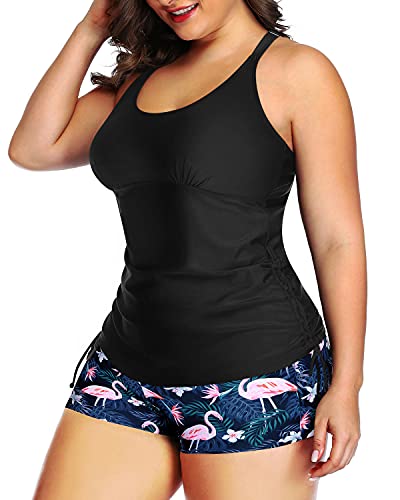 Athletic Plus Size Bathing Suit For Women High Waisted Boyshorts-Black Flamingo