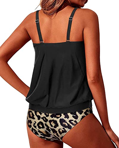 Push Up Bra Cups Blouson Swimsuits For Women-Black And Leopard
