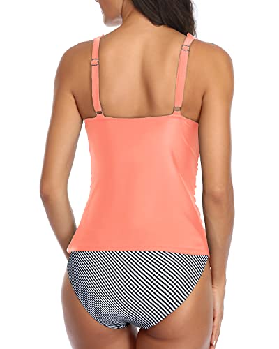 Women's Plunging Deep V Neck Swimwear Ruched Design-Coral Pink Stripe