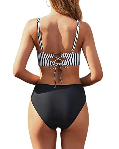 Ruched Women's Full Coverage Two Piece High Waisted Bikini Set-Black And White Stripe