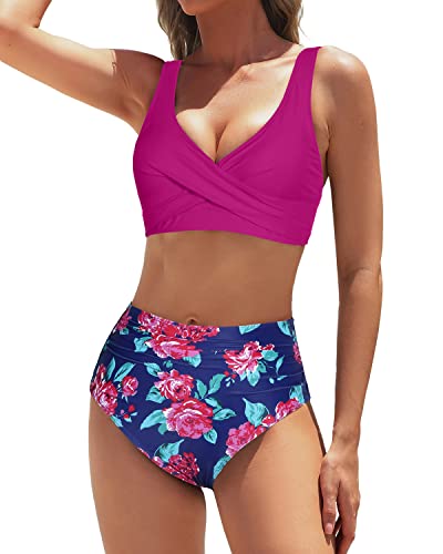 Twist Front Women's Two Piece Bikini Set Tummy Control Full Coverage Swimsuit-Pink Floral