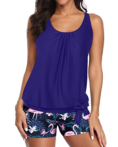 Loose Fit Modest Coverage Tankini Swimsuit For Women-Blue Flamingo
