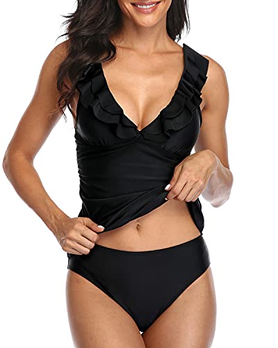 Double Ruffled Flounce Ruffle Tankini Swimwear For Women-Black