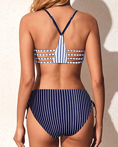 Women's Two Piece Bikini Set Side Tie Bathing Suits Racerback Swimwear-Blue And White Strip