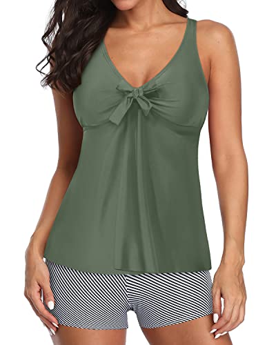 Elegant Pleated V Neck Tankini Swimsuits Shorts For Women-Army Green