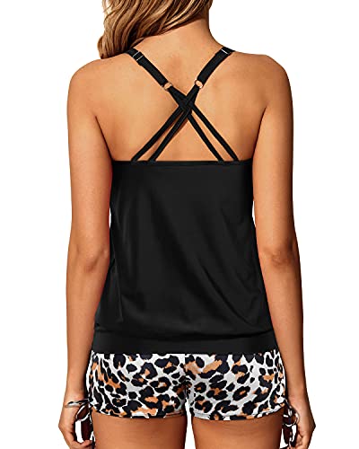 Criss Cross Womens Blouson Tankini Swimsuits Two Piece Strappy Bathing Suit-Black And Leopard