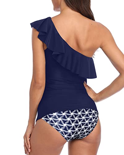 Best Tummy Control One Shoulder Tankini Swimsuits For Women-Navy Blue Tribal