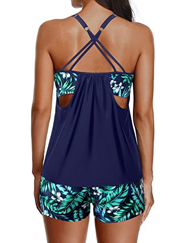 Athletic Tankini Swimsuits For Women Boy Shorts Tummy Control Bathing Suits-Blue Leaves