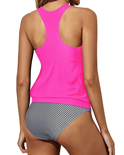 Blouson Tankini Swimsuits Women Tummy Control Two Piece Bathing Suits-Hot Pink Stripe