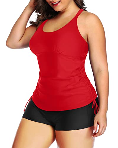 Athletic Women Plus Size Tankini Swimsuit Bathing Suit Top Shorts-Neon Red