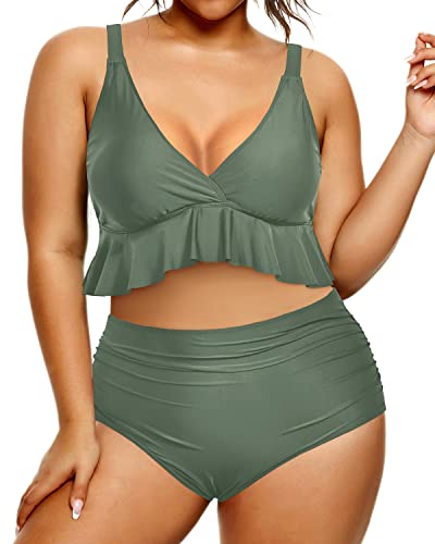 Tummy Control Plus Size Swimsuits For Women High Waisted Bikini Set-Olive Green