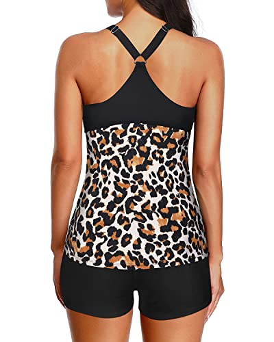 Two Piece Racerback Swim Tank Top Boy Shorts Tankini Bathing Suits-Black And Leopard