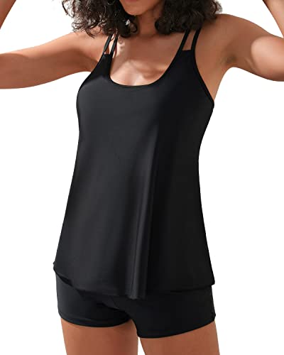 Two Piece Tankini Swimsuits Boy Shorts For Tummy Control Swimwear-Black