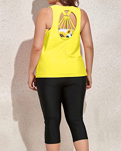 Athletic Plus Size Swimsuits For Women Tankini Tops Sports Bra And Swim Capris-White And Sunflower
