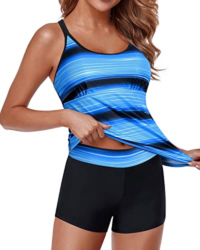 Tummy Control Two Piece Swimsuit For Women Shorts Bathing Suits-Blue And Black Stripe