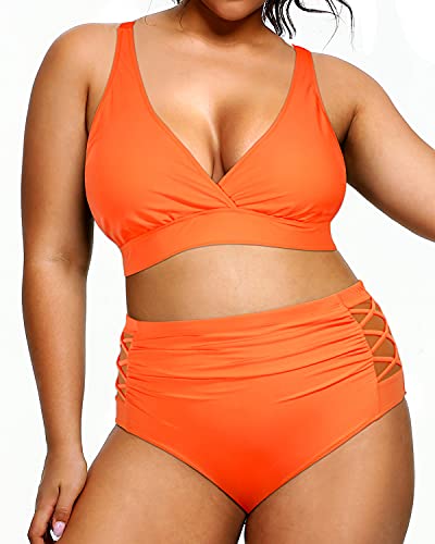 2 Piece Plus Size Bikini High Waisted Swimsuits Ruched Bottoms-Neon Orange