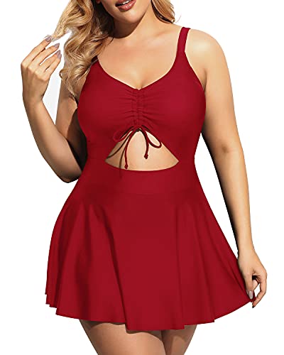 Plus Size One Piece Swimsuit Skirt V Neck Swimdress Cutout Bathing Suits-Red