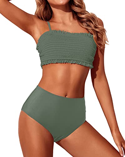 Two Piece Smocked Ruffle Off Shoulder Bikini Set High Waisted Bottoms-Army Green