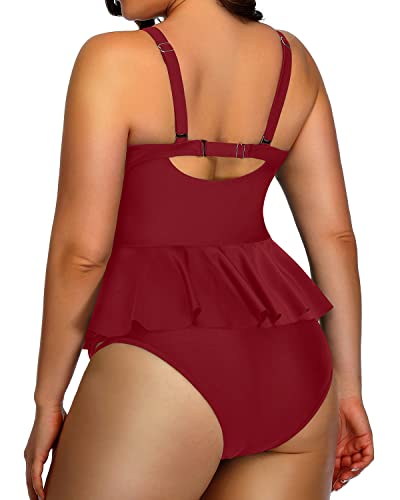 Plus Size Peplum Tankinis Tummy Control And High Waisted Bikini Bottoms-Maroon