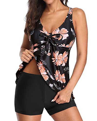 Modest Flowy Tankini Bathing Suits V Neck Swim Tops For Women-Black Orange Floral