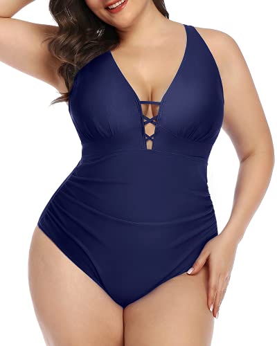 Push Up Padded Bra Plus Size Slimming One Piece Swimsuit-Navy Blue