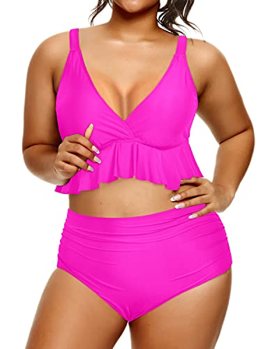 Plus Size Two Piece Bikini Set Tummy Control Ruffle Swimsuits For Women-Neon Pink