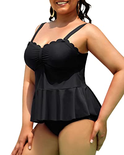 Women's Plus Size 2 Piece Tankini Swimsuits Tummy Control Bathing Suits-Black