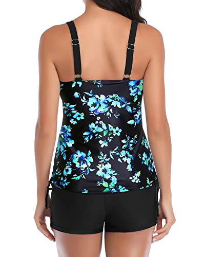 Volleyball Sport Tankini Swimsuits Shorts Slimming Swimwear-Black Blue Floral