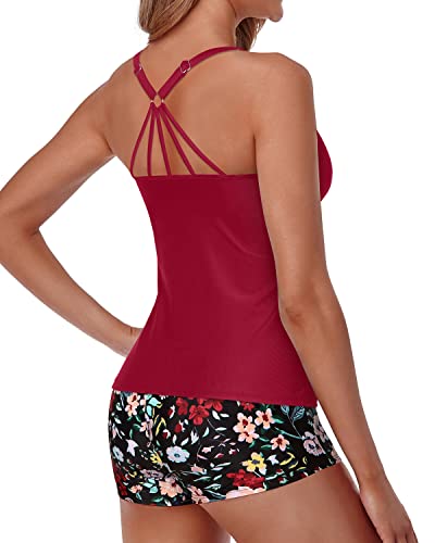 Modest Two Piece Tankini Swimsuits For Women Boy Shorts-Red Floral