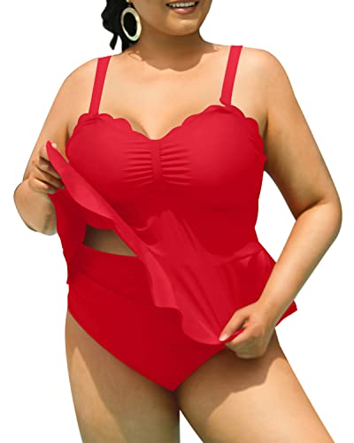 Two Piece Tankini Swimsuits For Women Plus Size Tummy Control-Red